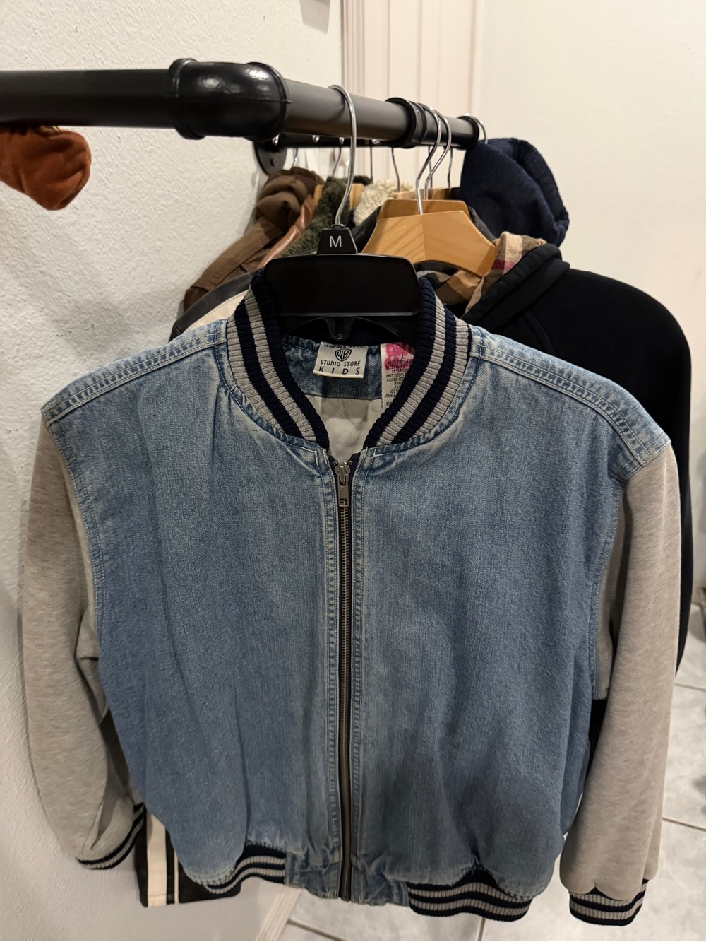 Warner Bros. Light Blue Denim Bomber Jacket with Gray Sleeves